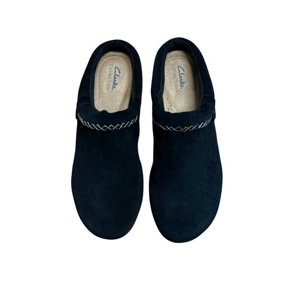 CLARKS ROSEVILLE ECHO CLOGS BLACK SUEDE SIZE 9 SLIP ON CUSHIONED COMFORT CASUAL - Picture 2 of 6